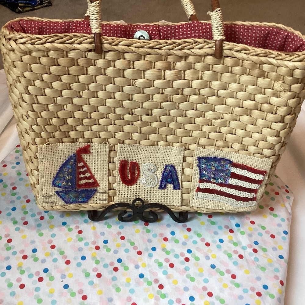 ToUSA straw purse woven patriotic red white blue ratan lined stars sailboat flag